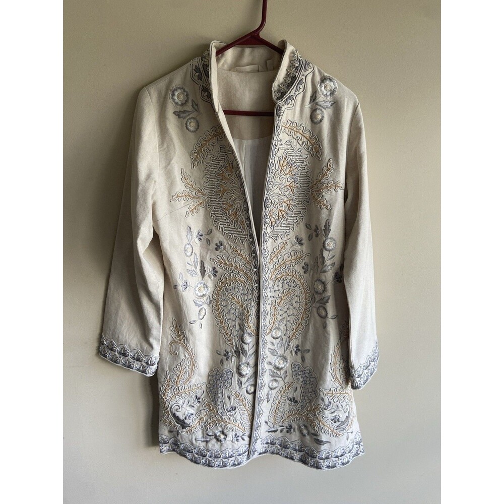 Soft Surroundings Women's Cream Gray Kimono Jacket Small Open Front Long Sleeve
